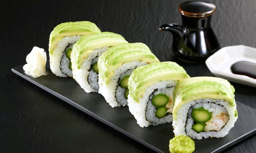A plate of sliced Avocado Roll sushi